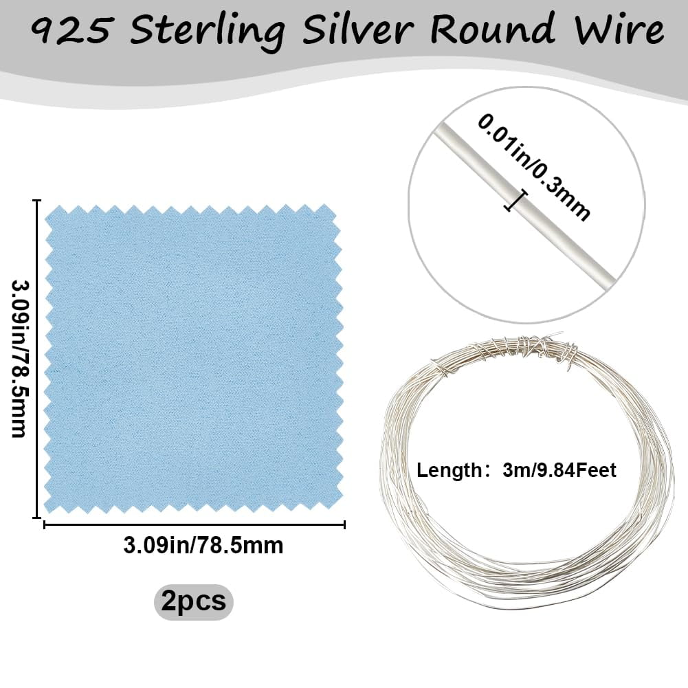 28 Gauge 925 Sterling Silver Wire 0.3 mm 9 FT Dead Soft Round Jewelry Wire with Polishing Cloth for DIY Jewelry Making Silver