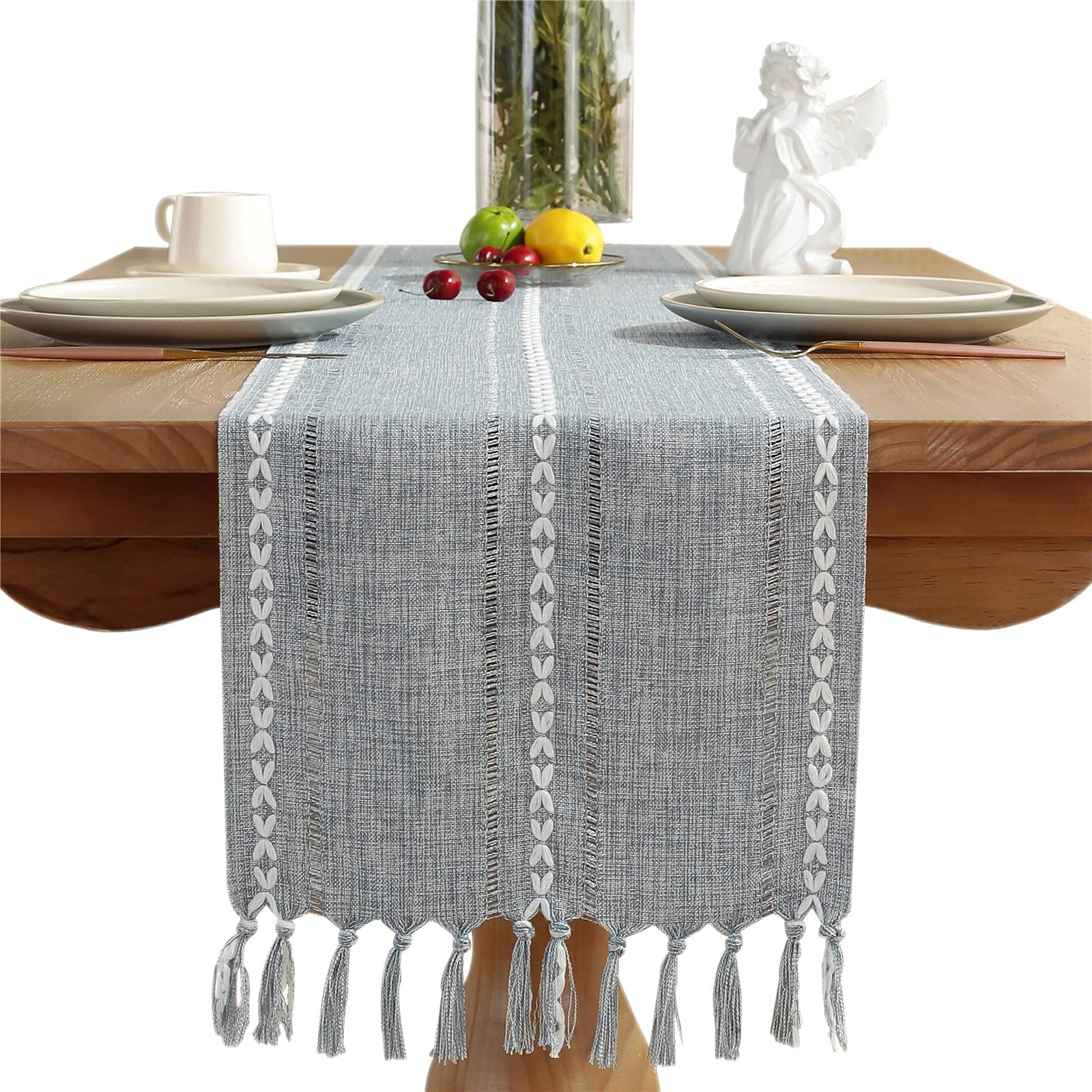 Ethnic Table Runner Boho Tasseled Edges Tablecloth Cotton Linen Table Cover 
