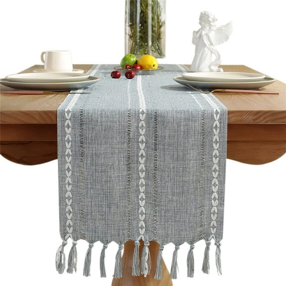 Husfou Table Runners with Tassels, 13x72in Woven Hollow Table Linens, Boho Linen Table Runner for Bohemian Wedding Bridal Shower Rustic Farmhouse Dining Table Fall Christmas Home Decor