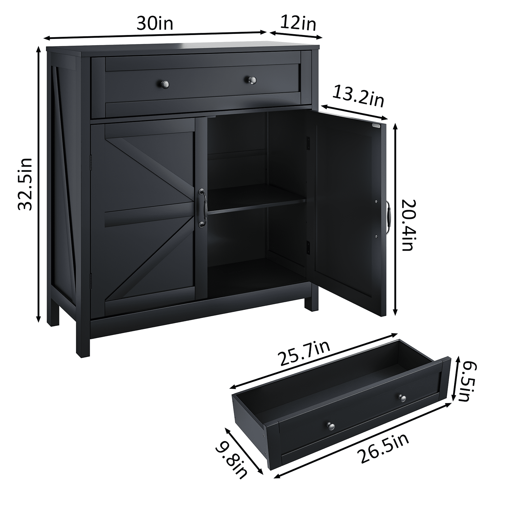 Kitchen Sideboard Buffet Cabinet, Farmhouse Storage Cabinet with Drawer and Adjustable Shelf, Barn Door Accent Cabinet for Kitchen, Dining Room, Entryway, Black