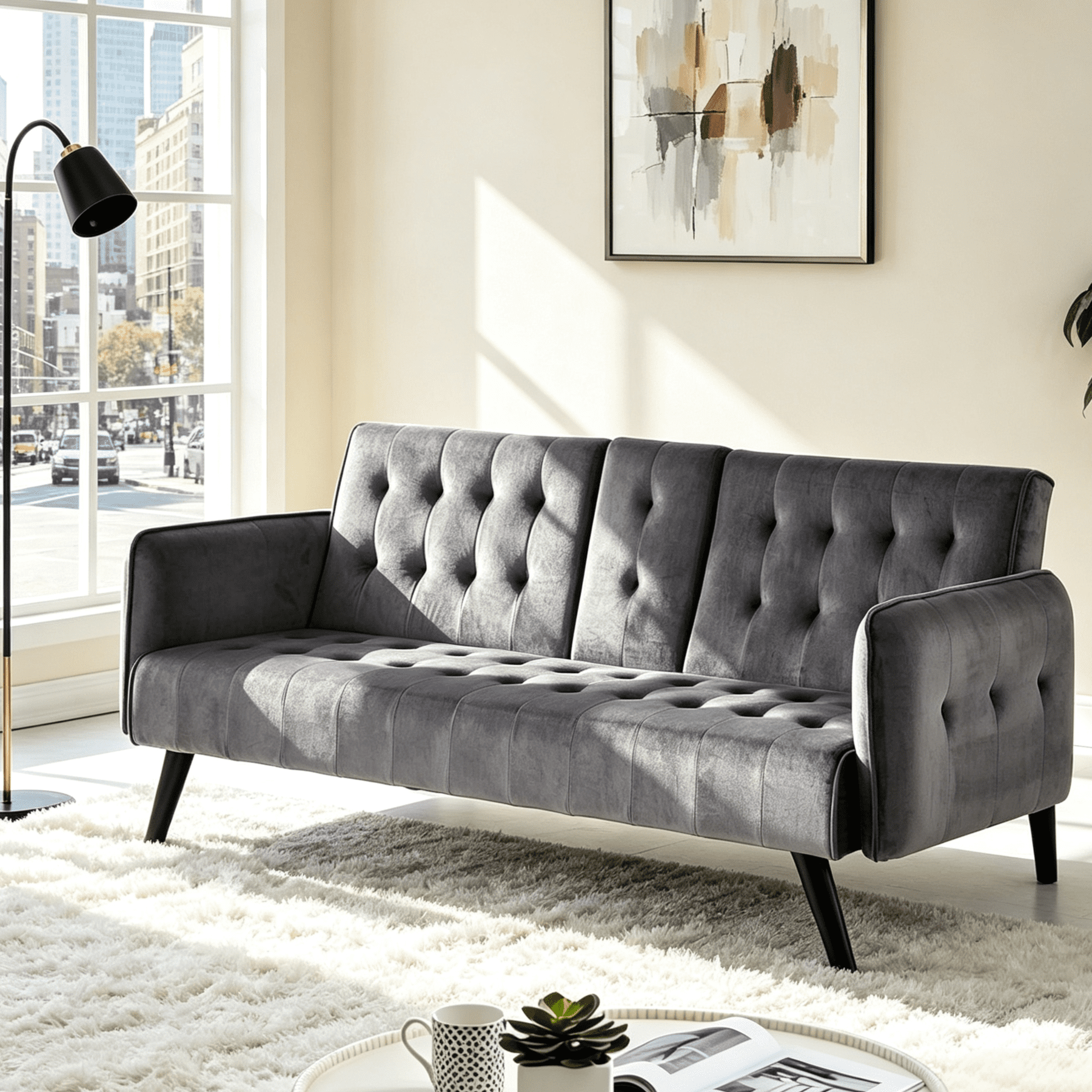 Gewnee 72" Convertible Sofa Bed,Tufted Velvet 3‑Seater Folding Futon Sleeper Couch with Cup Holders,Modern Couch for Home and Guest Room，Dark Gray