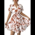 thumbnail image 2 of Vestidos de Verano para Mujer, con Estampado Floral, Escote en V y Volantes, Estilo Informal de , Vestido Fluido y Cruzado para Rojo Ladrillo S, 2 of 8