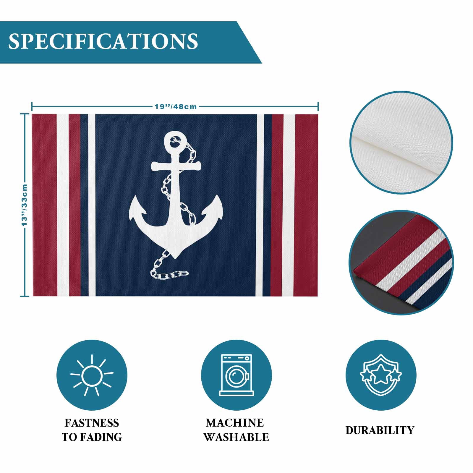 Placemats Set of 4, Nautical Anchor Placemats Set of 4, Navy Blue Red Stripes Tablemats Washable Placemat Table Decoration for Kitchen Table Dinner Party Home Decor Indoor Outdoor 13x19 Inch