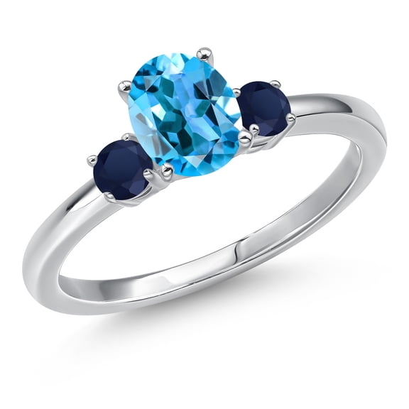Gem Stone King 14K White Gold Swiss Blue Topaz and Blue Sapphire Engagement Ring for Women | 1.30 Cttw | Oval 7X5MM | Gemstone November Birthstone | Size 6