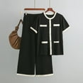 thumbnail image 3 of QUYUON Women 2 Piece Summer Outfits Casual Crew Neck Short Sleeve Button-Down Shirt Tops Elastic Waist Wide Leg Pants Sweater Sets Matching Set Loungewear Black One Size, 3 of 4
