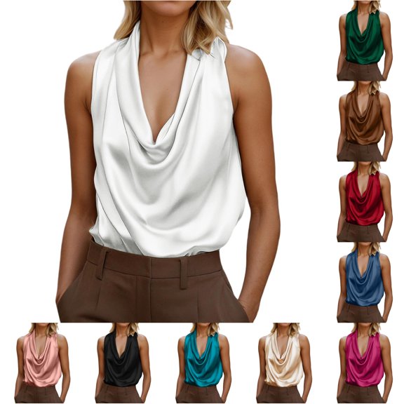 FINALGANG Womens Cowl Draped Neck Sleeveless Solid Loose Fit Tank Tops Summer Elegant Office Daily Party Beach Casual Layering Camisole Shirts For Ladies Trendy Top L