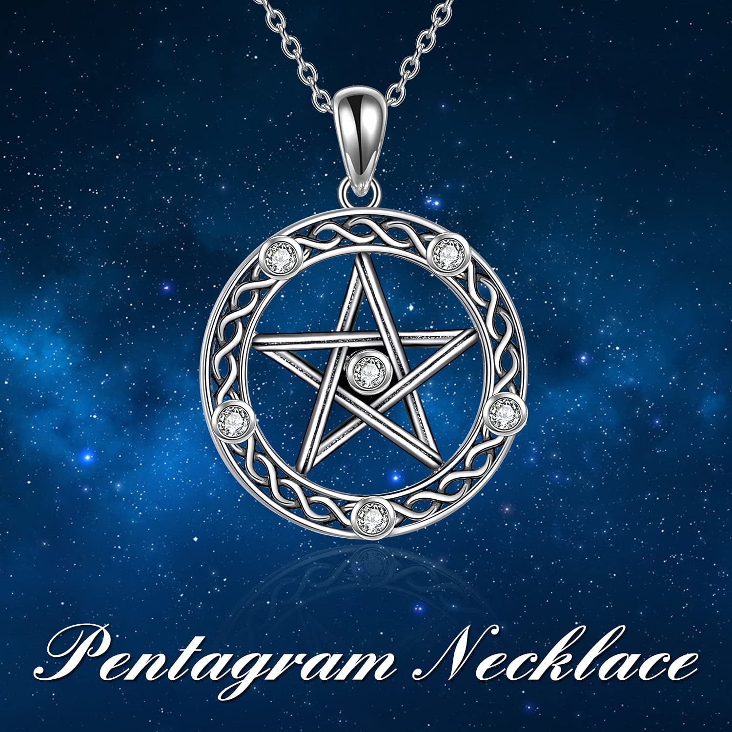 AMQTSLM Moon Pentagram Necklace with Natural Crystal Hexagon