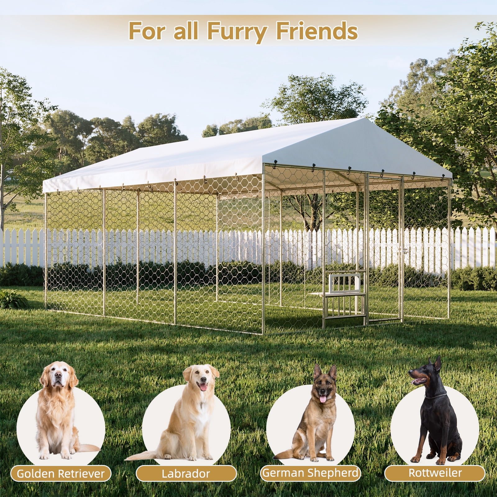 15x10 FT Large Outdoor Dog Kennel with Canopy,Heavy Duty Galvanized Steel,Waterproof Cover,Elevated Feeding Bowls,Escape-Proof Lockable Playpen for Large Dogs & Multiple Pets