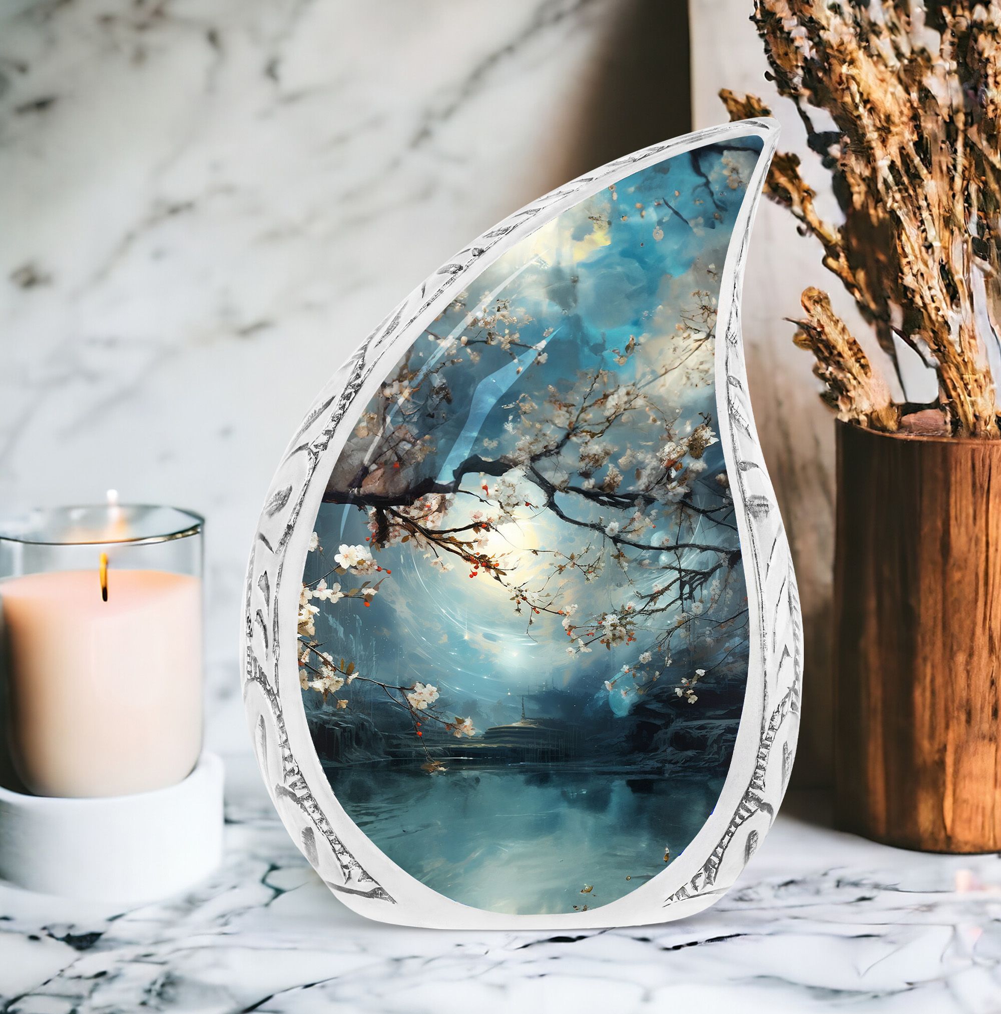 Funeral Large Blue Forest Urns For Human Ashes Adult Mom And Dad - Memorial Handcrafted Urn For Human Ashes Adult Men And Women - Burial Gift For Decorative - 10Inch And 200Lbs Include Velvet Bag