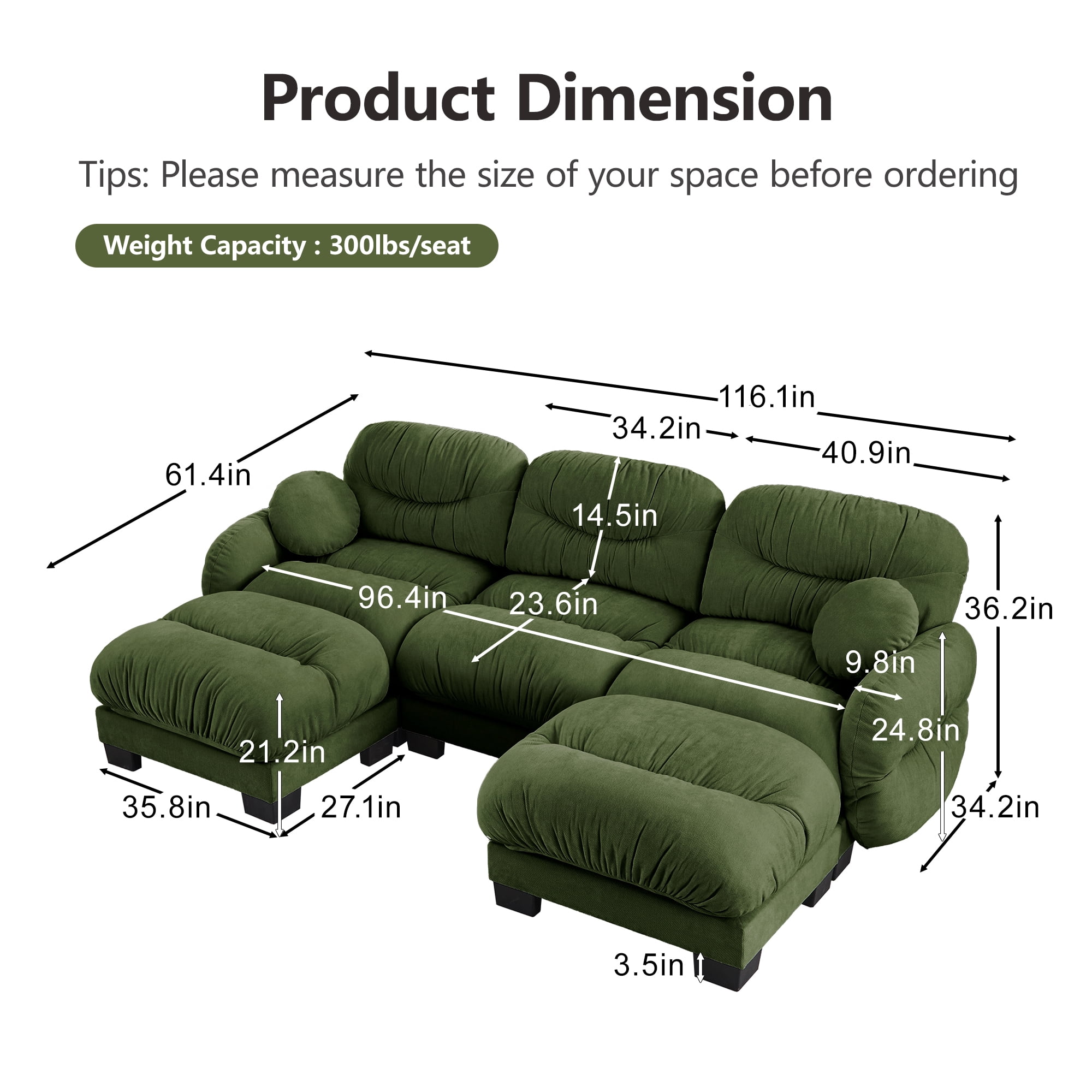 116" 3 Seater Sectional Couch Cozy Chenille U Shape Modular Sofa with 2 Ottoman and 2 Throw Pillows