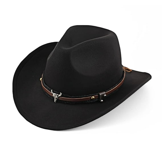Cowboy Hat for Women and Men, Unisex Western Cowboy Hat, Felt Wide Edge Western Cowboy Hat Classic Panama Hat Outdoor Wide Edge Cowboy Hat with Strap Black