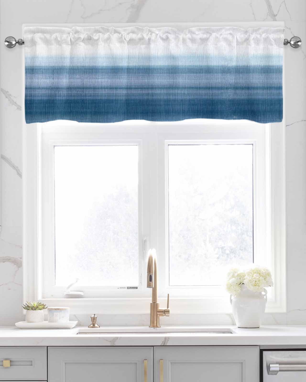 Haze Blue White Ombre Kitchen Valances for Windows Farmhouse Linen Window Valance Curtain for Living Room Window Treatment Vintage Gradient Striped Aesthetics Valance Rod Pocket Topper, 42 x 18 Inch