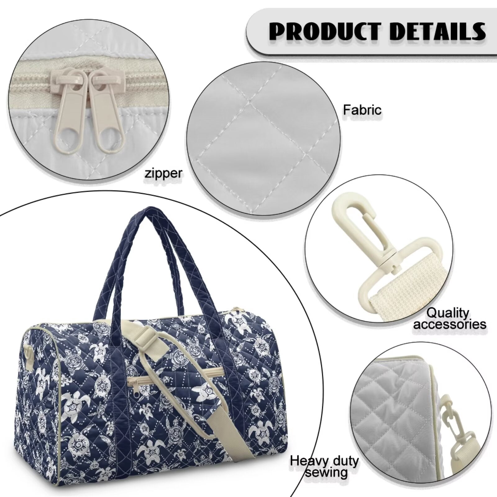 Chririnla Blue Turtles & Flower Pattern Large Travel Duffel Bags Unisex Casual Weekender for College Student with Luggage Handle Strap & Quilting Design