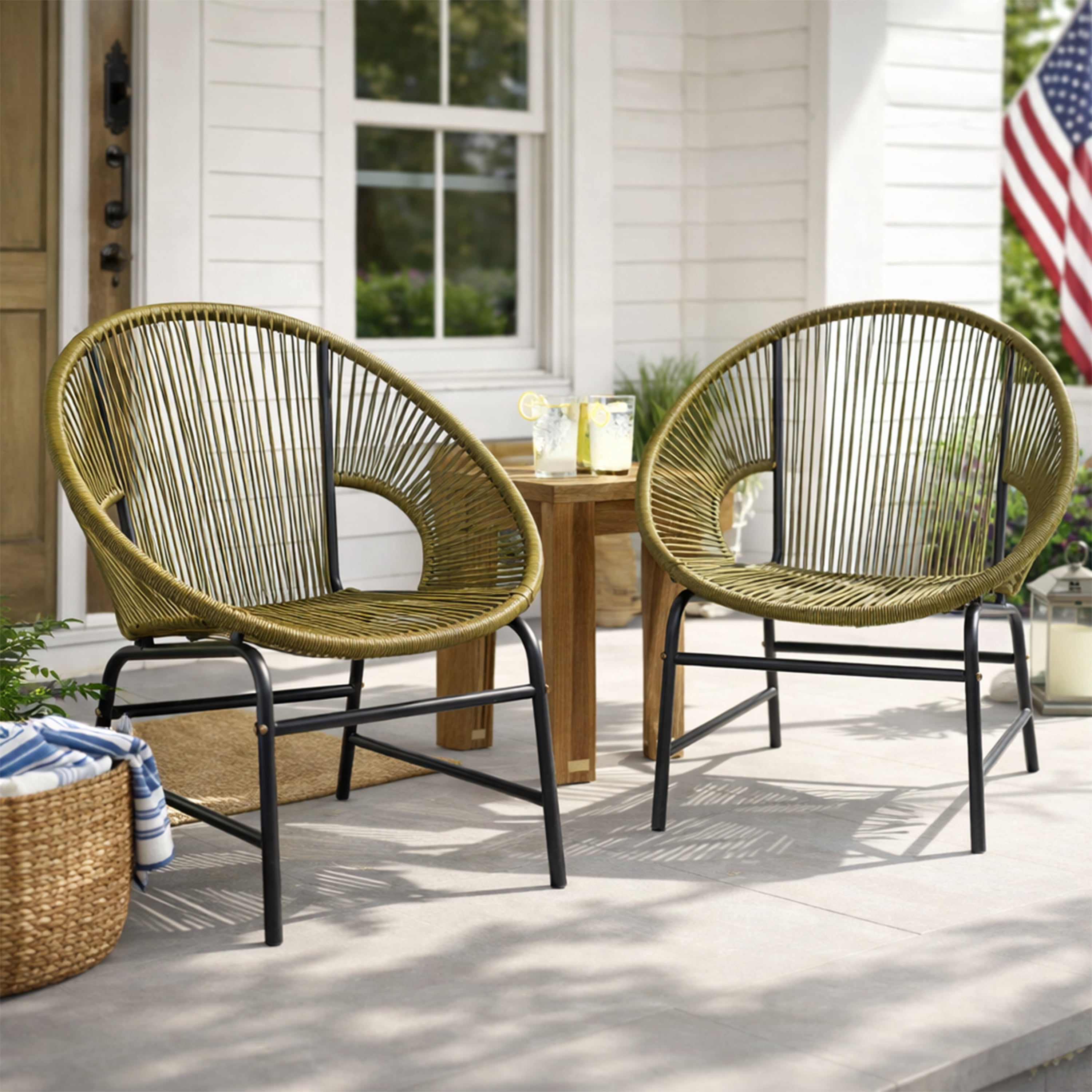 Outdoor PE Rattan Wicker Chairs Set of 2 with Iron Frame for Garden Porch Balcony, Green