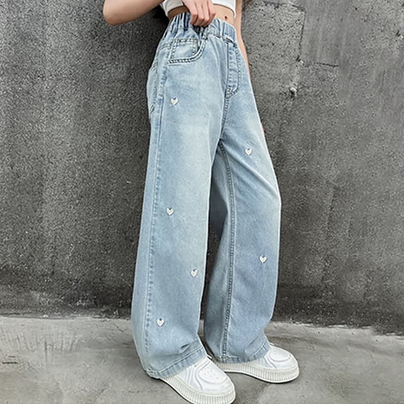 HAJWOH Baggy Jeans for Girls Heart Coquette Bow Embroidered Wide Leg Jeans Casual Y2K High Waist Cute Denim Pants Streetwear