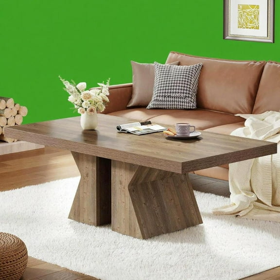 Rustic Black Rattan Coffee Table - Pine Wood Farmhouse Living Room Furniture, 47.24" W x 23.62" D, Durable & Stable with Adjustable Feet