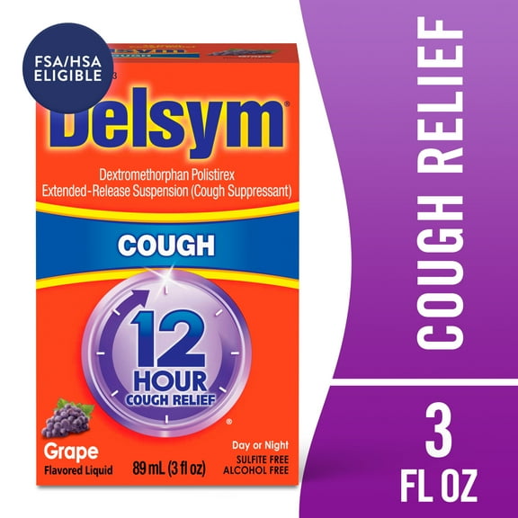 Delsym Adult 12 hour Cough Relief Medicine, Powerful Cough Relief for 12 Good Hours, Cough Suppressing Liquid, #1 Pharmacist Recommended, Grape Flavor, 3 Fl Oz