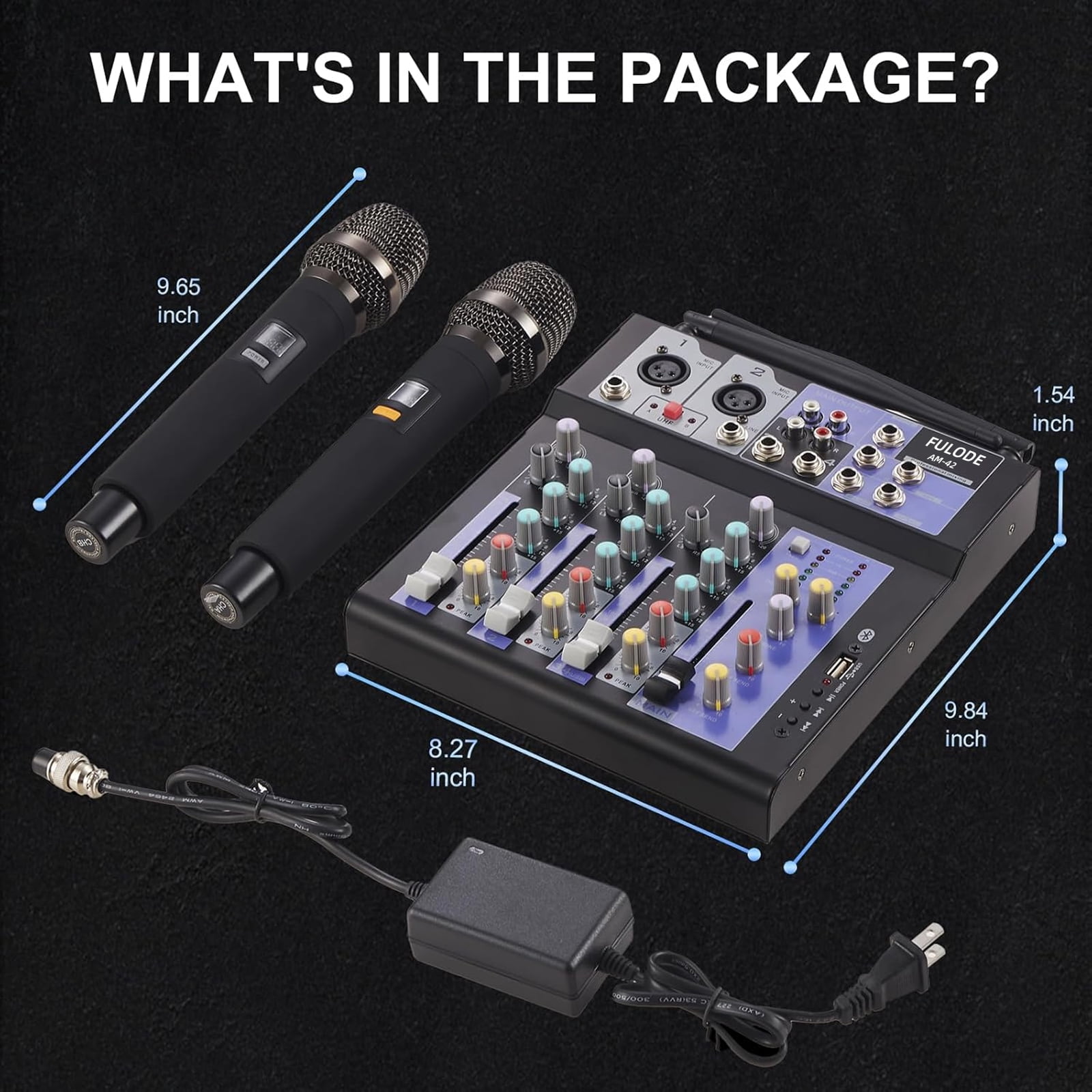 FULODE  Audio Mixer with Dual Wireless Mic, 4 Channel Mixer Board Sound Board DJ Mixer Console System MP3 Bluetooth 48V Phantom Power USB Interface for Home Karaoke Party