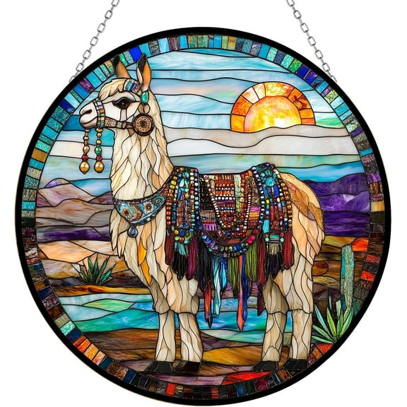 Personalized Boho Llama Caravan Stained Glass Window Hanging Suncatcher, Suncatcher Stained Glass Christmas Halloween