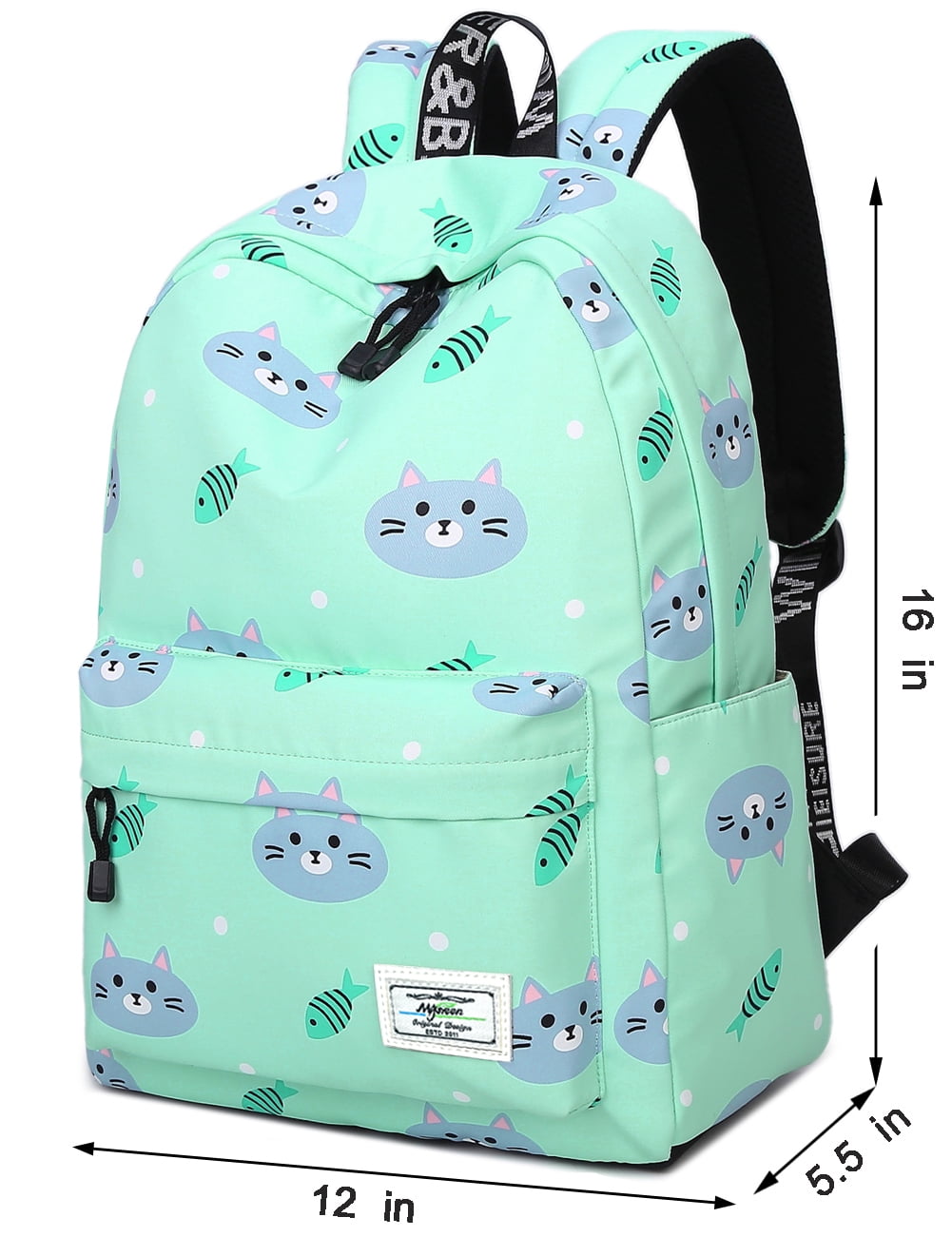 Mygreen Kids Backpack for Girls, Waterproof Teens Bookbag Cute School Backpacks, Fish and Cat Pattern Green