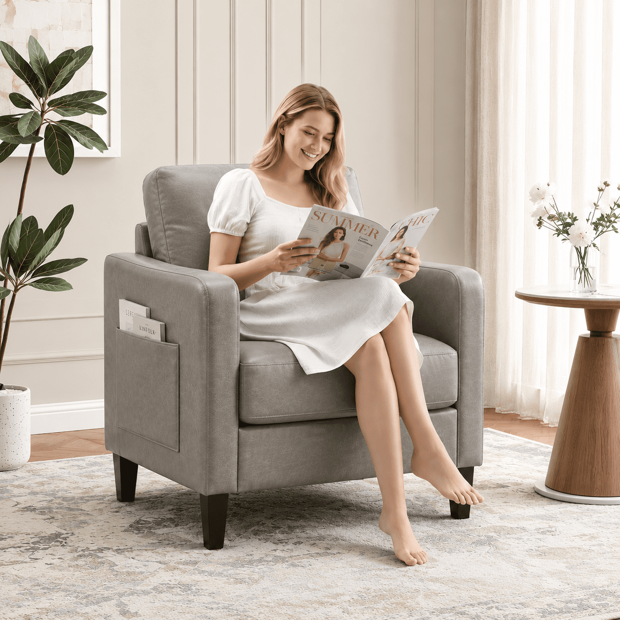 MOONMISS Modern Accent Chair Set of 2,PU Leather Single Sofa with Wood Legs,Reading Armchair for Living Room,Bedroom,Office,Gray