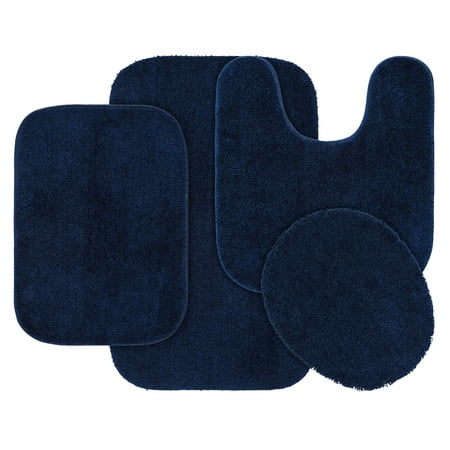 Garland Rug Traditional Washable Bath Rug Set, 4 Piece Set (2 Bath Rugs, Contour, & Lid) Navy