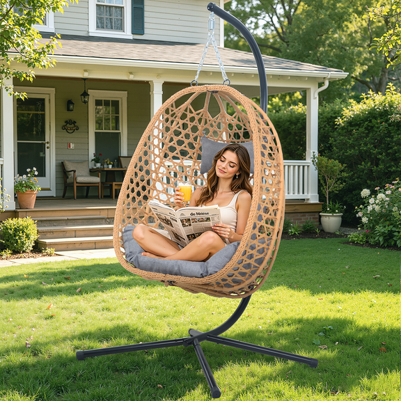 All-Weather Rattan Hanging Egg Chair with Stand & Cushions - Indoor/Outdoor Swing Chair for Patio Balcony Garden - Grey