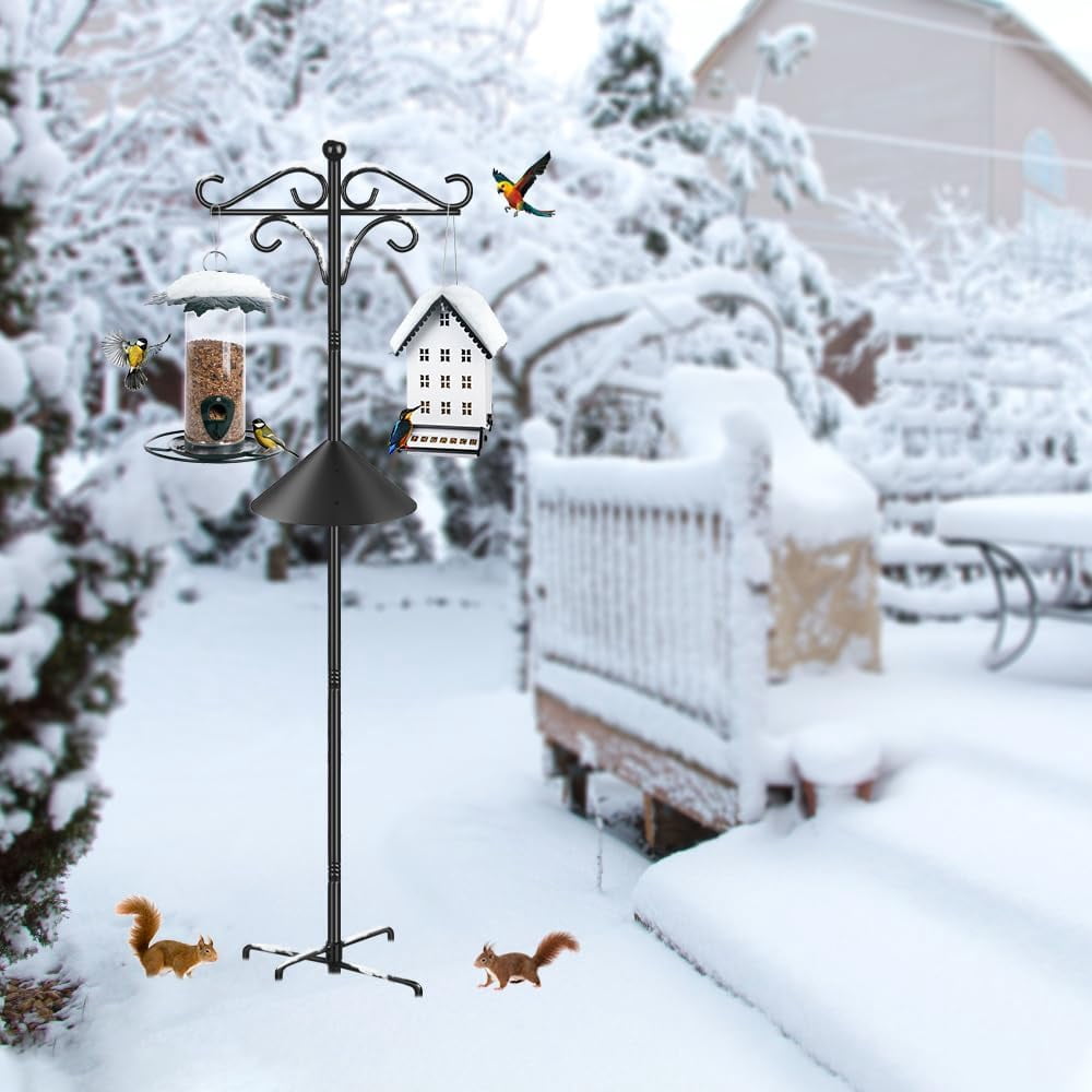 KOLAKO Bird Feeder Pole Squirrel Proof, 233cm Bird Feeding Station, Free Standing Heavy Duty Shepherds Hooks with Baffle for Garden Solar Lights,Baskets hanger, Black