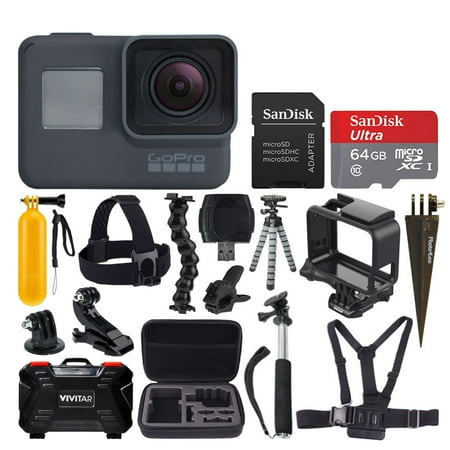 Semi Hard Camera Case - GoPro HERO6 Black Action Camera + 64GB Memory Card + Clamp Mount + Head & Chest Strap + Floating Handle + Spike Mount + Monopod + Flexible Tripod + Hard Case Medium + USB Card Reader – Top Value Kit