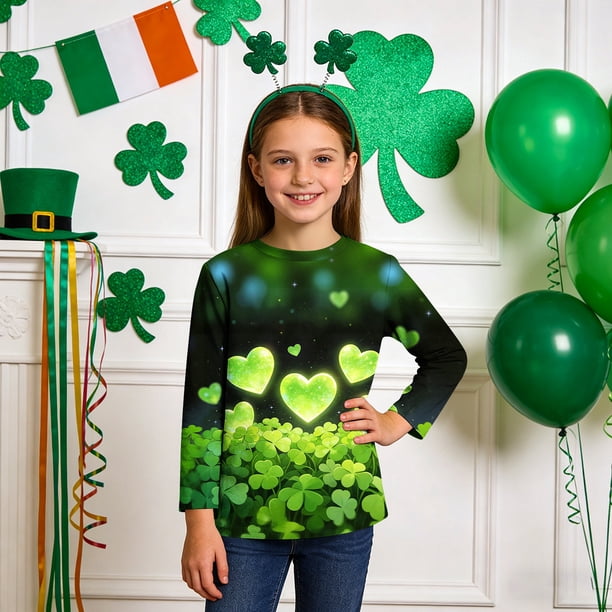 Blusas y camisas de manga larga con cuello redondo, informales, con estampado del Día de San Patricio, de manga tres cuartos y cuello redondo, para niños de talla mediana y grande.