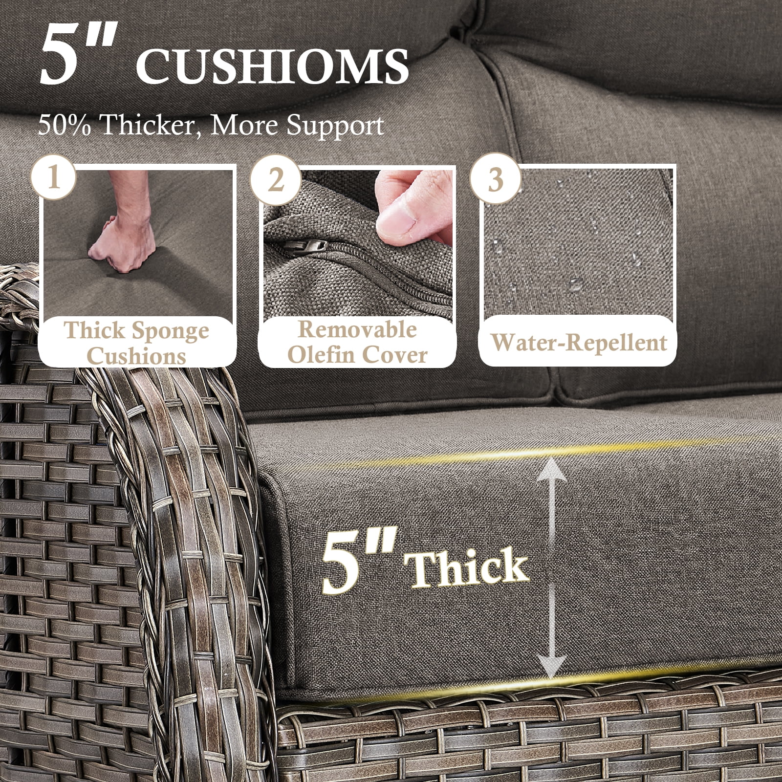 POCASSY 4-Piece Outdoor Patio Furniture Set with Swivel Chairs, Luxury High Back Rattan Wicker Outdoor Conversation Set with 5-inch Thick Seat Cushion Sofa and Swivel Glider Patio Chair for Porch