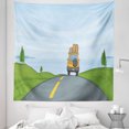 thumbnail image 1 of Landscape Tapestry, Road Trip Cartoon Illustration of Travel Car Horizon Nature Panorama, Fabric Wall Hanging Decor for Bedroom Living Room Dorm, 5 Sizes, Green Pale Blue Grey, by Ambesonne, 1 of 1