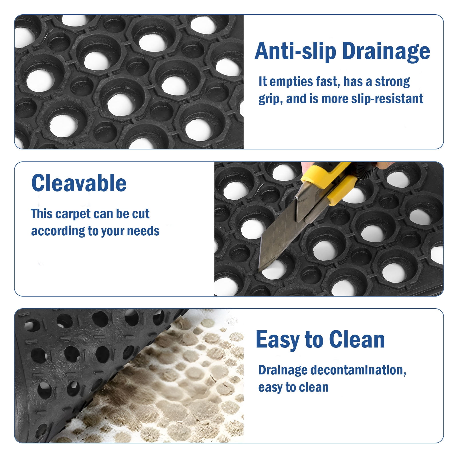 OVYEOFR Rubber Drainage Mat, Commercial Kitchen Restaurant Mats, Non-Slip Anti-Fatigue Doormat for Bathroom Garage Pool Indoor Outdoor, 60" x 36"