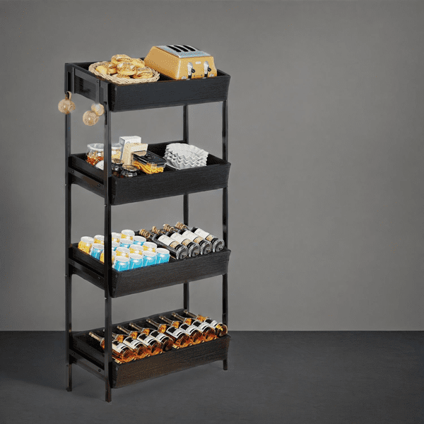 4-Tier Retail Display Rack Stand, Particleboard Shelves with 4 Metal Hooks, Heavy-Duty Metal Frame for Retail, Kitchen & Office