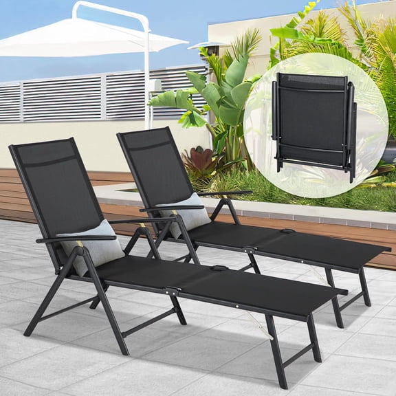 AECOJOY Outdoor Chaise Lounge Chairs Set of 2, Adjustable Reclining Folding Pool Loungers with 370 lb Capacity, Black
