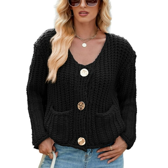 SWSMCLT Women's Cable Knit Cardigan Sweater Baggy Button Crew Neck Comfy 2025 Cardigan Sweaters Acrylic Black Medium
