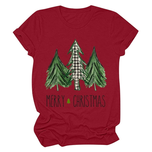 Christmas Tree Top Womens Casual Round Neck Short-sleeved Christmas Tree Printed T-shirt Top