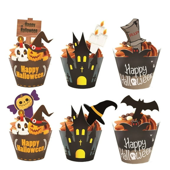 Halloween Cupcake Wrappers and Cake Toppers Picks Set 12pcs Spider Pumpkin Ghost Cake Decorations Halloween Party Supplies