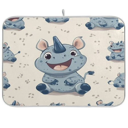 

Smile Cute RhinocerosKitchen Drying Mat Heat Resistant Drainage with Non-Slip Rubber Backing Hides Stains Super Absorbent Easy to Clean 18×24in