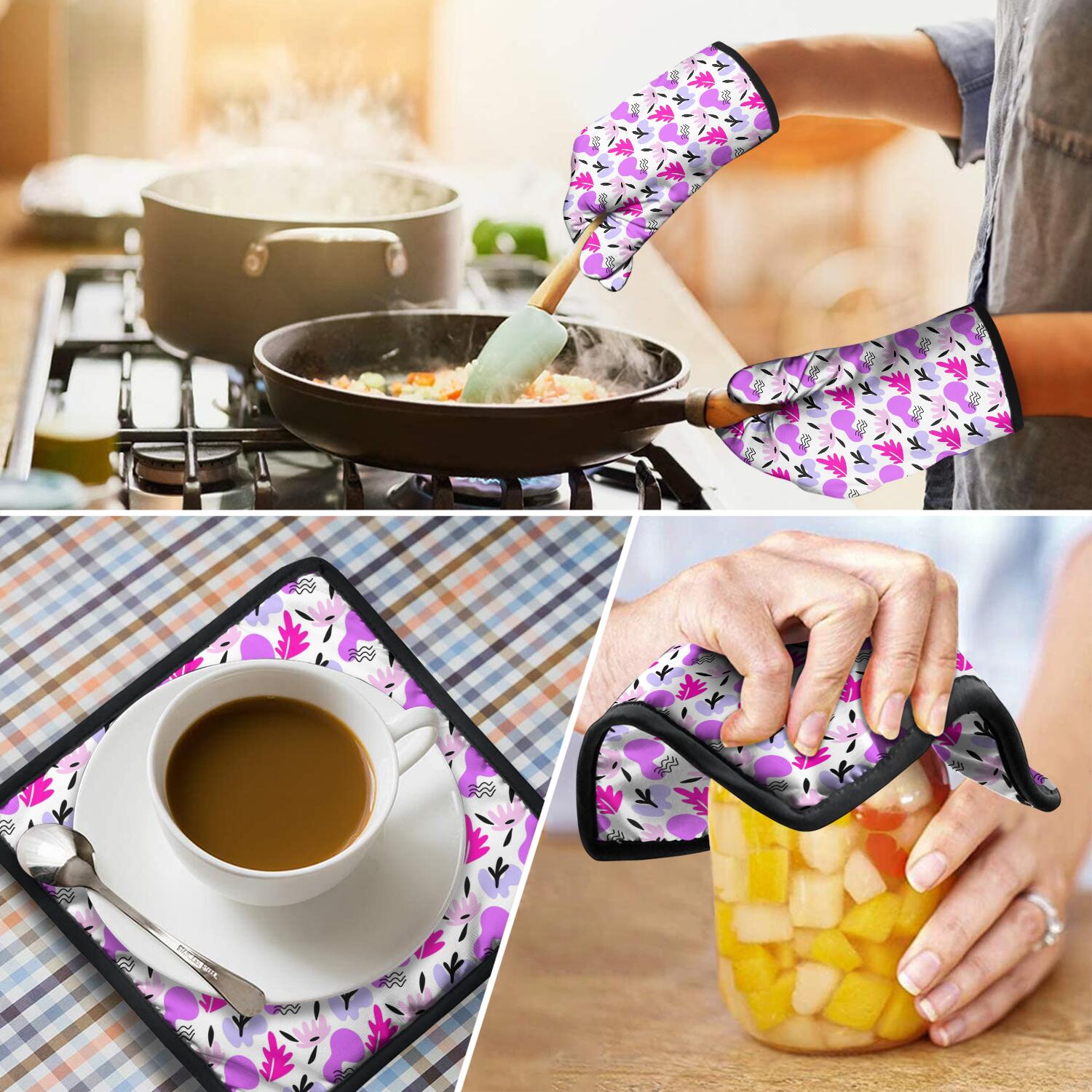 Floral Pattern Oven Mitts and Pot Holders Set Of 4, Heat Resistant Kitchen Gloves with Non-Slip Grip, Hanging Loop, Soft Cotton Lining for Baking, Cooking, Grilling, Barbecue