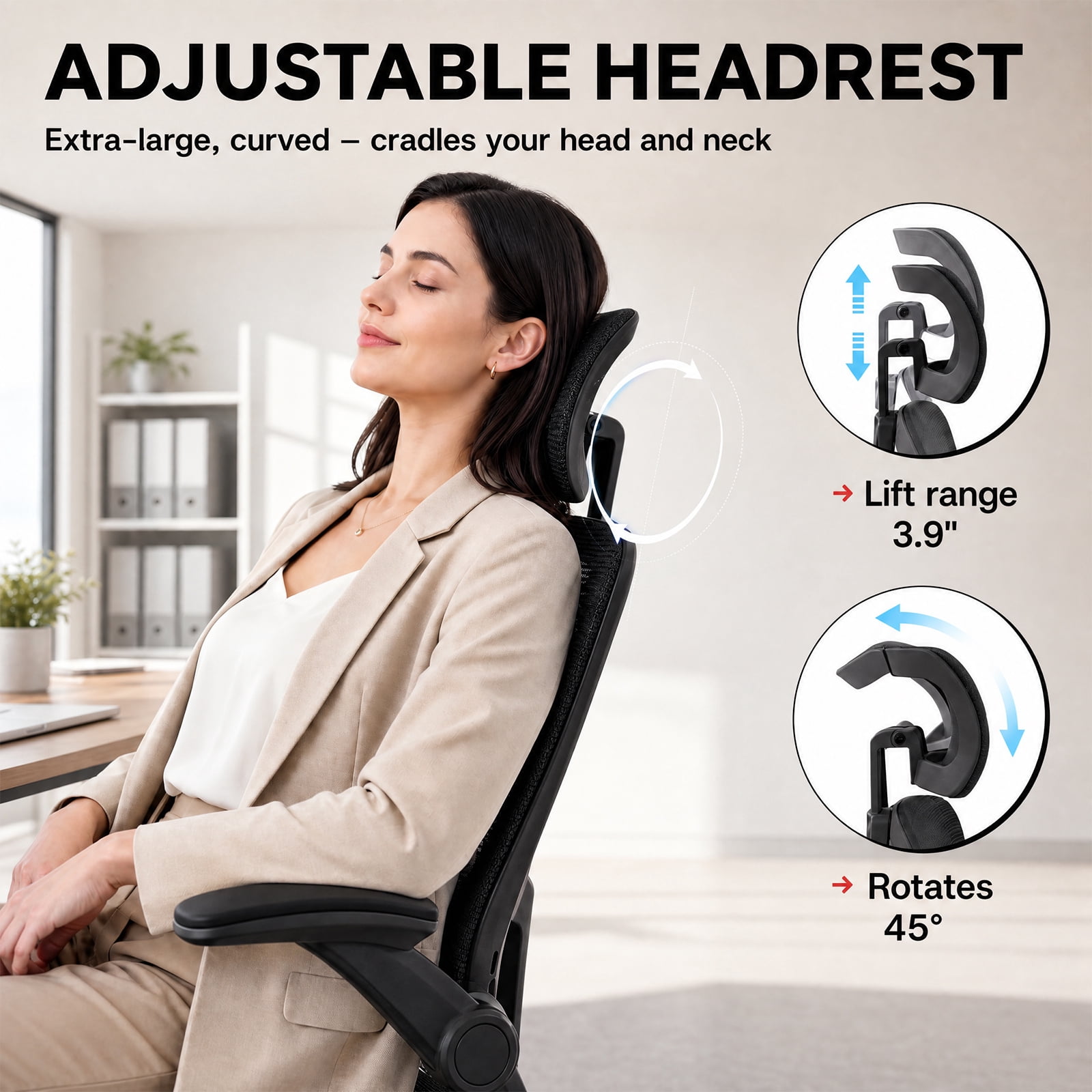 LUCKLIFE Ergonomic Mesh Office Chair, High Back Task Chair with Flip-up Arms, Adjustable Headrest & Lumbar Support for Home Office, Black