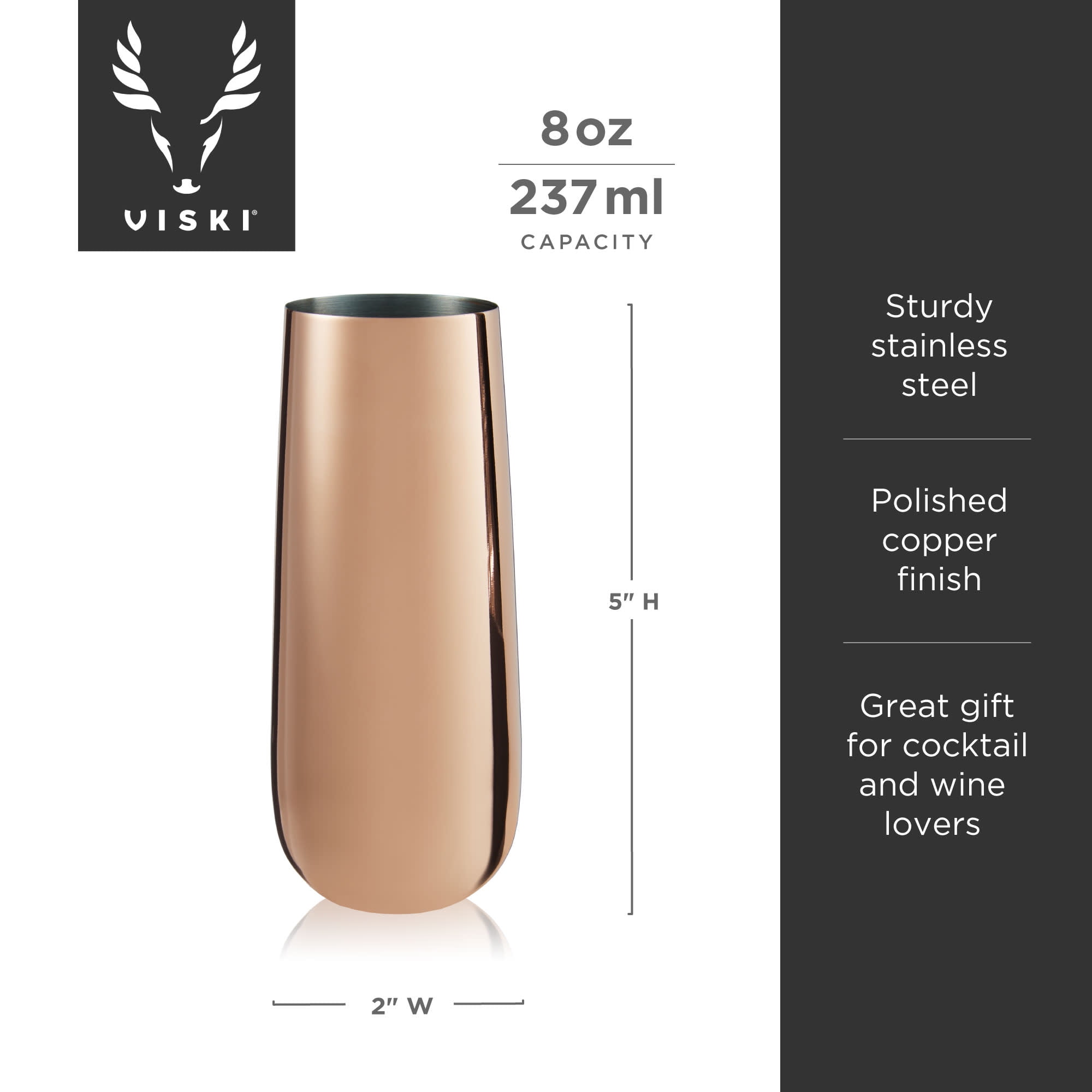 Viski Stainless Steel Champagne Flutes, Wedding Gifts 8oz Set of 2, Copper