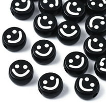 Opaque Acrylic Beads Flat Round with Smiling Face Black 10x4.5mm Hole: 2mm