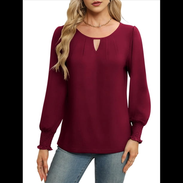 Blusas de Larga para Mujer, Blusas Informales de Negocios, Elegantes, para el Trabajo, la Oficina, Camisas Holgadas de Verano, Conjuntos de Moda 2025 Vino Tinto L