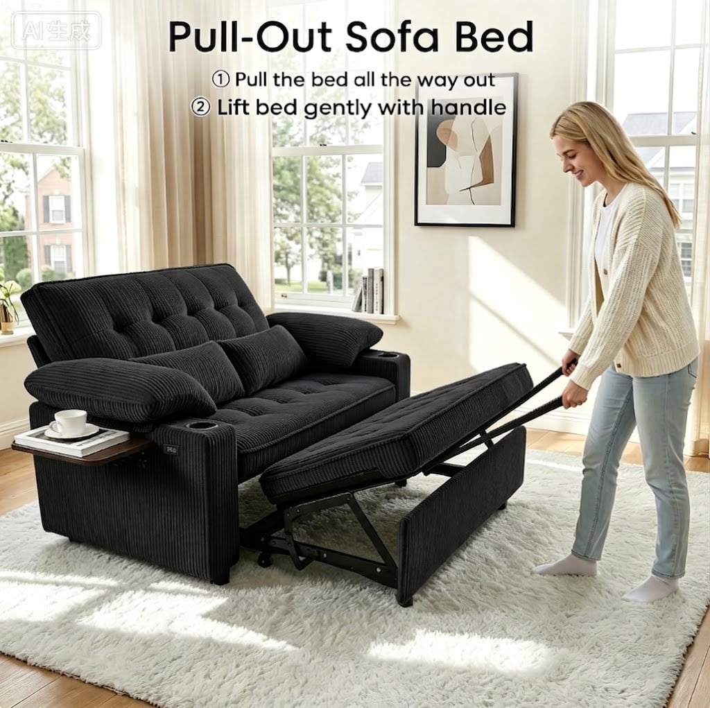58" Sleeper Sofa Bed, Full Size Pull Out Couch, Convertible Loveseat Sofa with 5-Level Adjustable Backrest, USB Charging Ports, Cup Holders & Foldable Side Table, for Living Room, Apartment & Office
