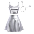 thumbnail image 2 of Women's 3Piece Metallic Outfit Shiny Crop Top + Silver Flared Skirt + Alien Headband Halloween Costume Clubwear Musical Festival Rave Outfit XXL Silver - Cami, 2 of 8