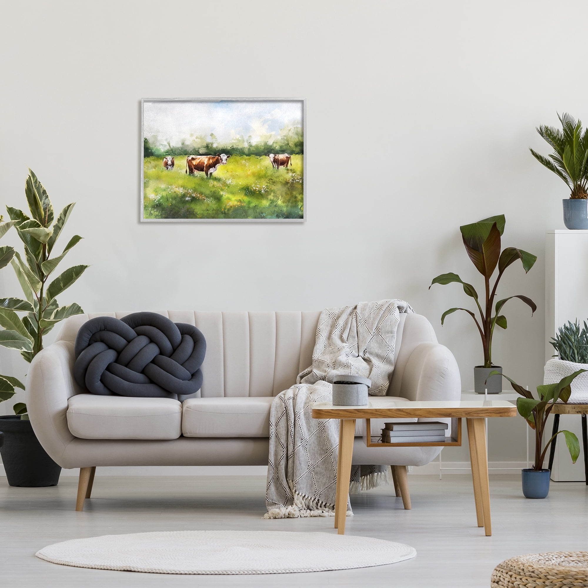 Stupell Industries Cows in Pasture Watercolor Animals & Insects Painting Gray Framed Art Print Wall Art, 30 x 24
