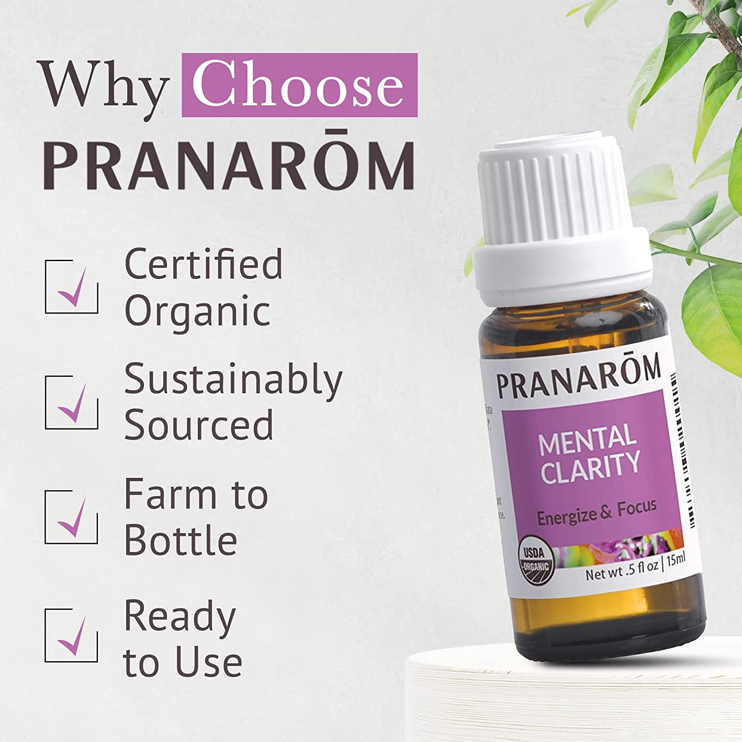 Pranarom - Mental Clarity Essential Oil Blend (15ml) - Peppermint, Lemon, Grapefruit, & Lavender - 100% Pure Essential Oil for Diffusing, Relaxation, and Focus | USDA and ECOCERT Certified Organic