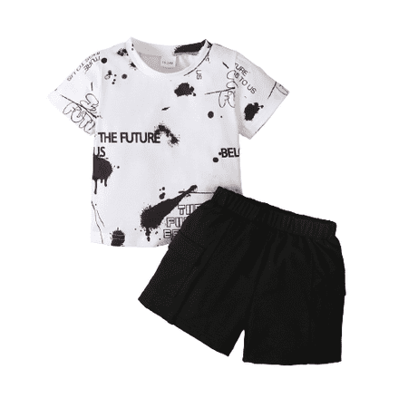 

Mikrdoo Toddler Baby Boys Clothes Baby OOTD Splash Ink Shirt Elastic Shorts 2Pcs Summer Outfits White 3-4 Years