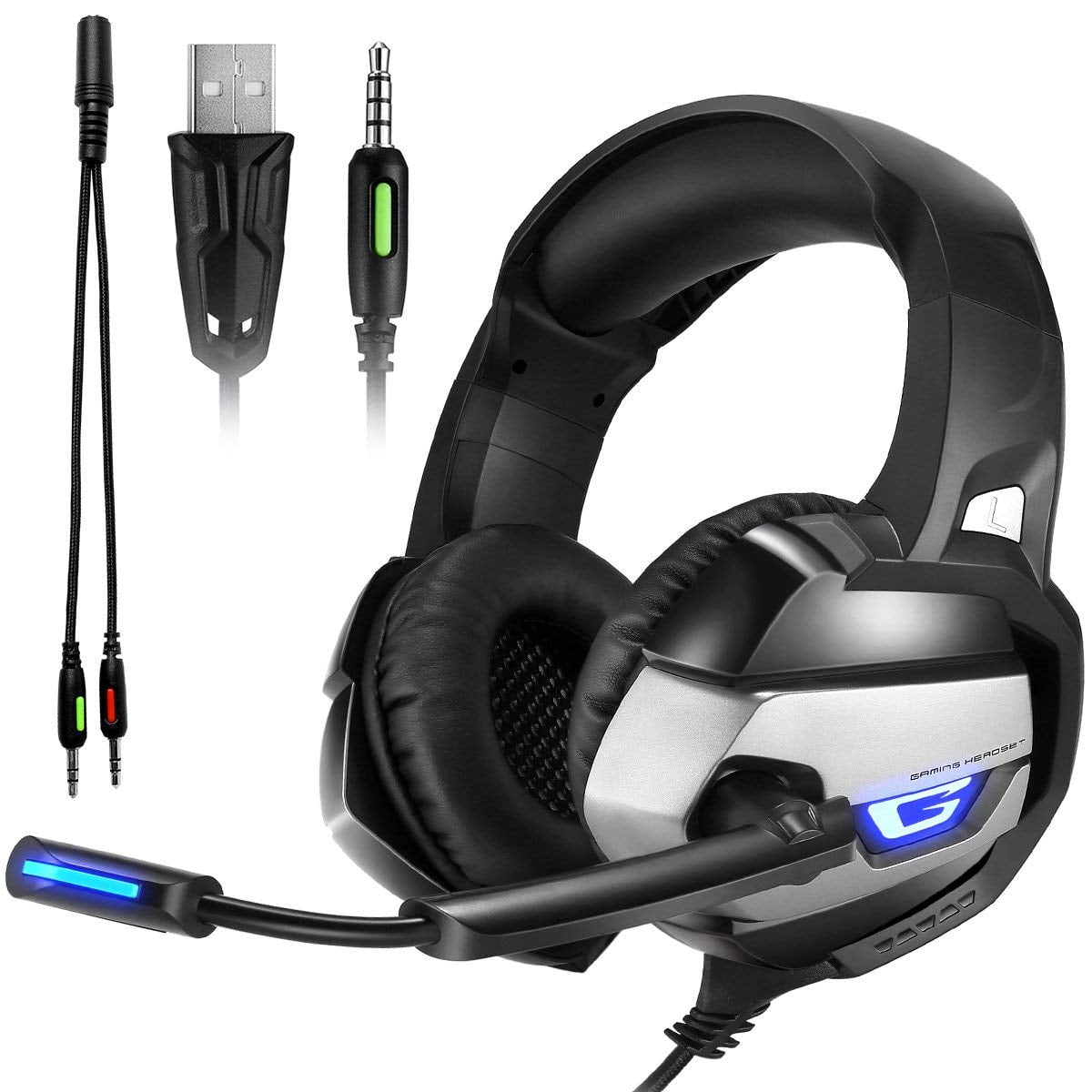 PS4 Xbox One Gaming Headset, OMIKUMA K5 Over-Ear Gaming Headphones with Mic, Stereo Bass Surround, LED Lights and Volume Control for Laptap, PC, Mac, and Smartphone